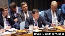 Then-acting Russian Ambassador to the UN Dmitry Polyansky speaks during a UN Security Council meeting in New York in August 2019.