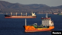 A crude oil tanker and a bulk carrier sail in Nakhodka Bay, Russia. (file photo)