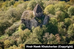 A cross visible on the Yerits Mankants Monastery in Azerbaijan’s Tartar District.