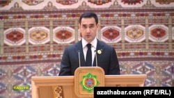 Serdar Berdymukhammedov speaks before parliament in Ashgabat last month.