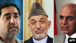 Outgoing Afghan President Hamid Karzai (center) flanked by presidential candidates Abdullah Abdullah (left) and Ashraf Ghani