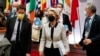 European Commission President Ursula von der Leyen (center) finishes an EU summit in Brussels about the European Union’s response to Russia’s invasion of Ukraine on February 25.