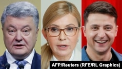 A combo photo shows presidential candidates Petro Poroshenko,Yulia Tymoshenko and Volodymyr Zelenskiy