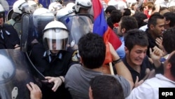 Divisive issue: Armenian activists clash with riot police during a demonstration outside the Turkish Consulate in Thessaloniki in 2007.