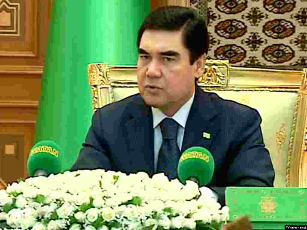 Berdymukhammedov at a cabinet meeting. The Turkmen president&nbsp;is frequently shown against a foreground of white roses, and is even the subject of an adulatory poem entitled &quot;White Roses.&quot;