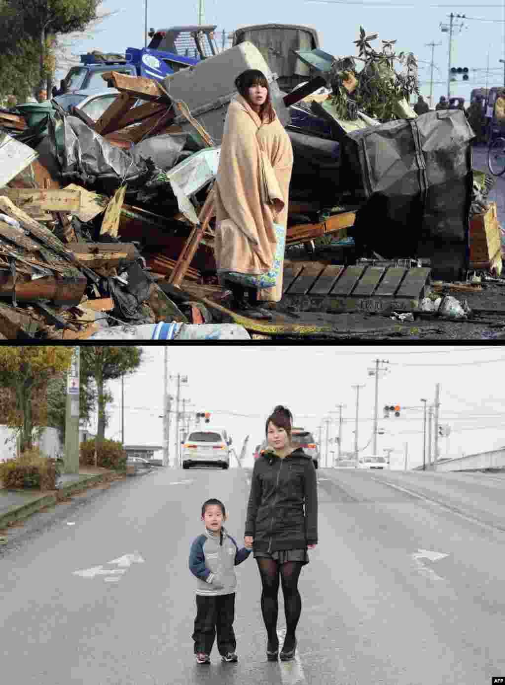 On top, Yuko Sugimoto standing in front of debris looking for her son in the tsunami-hit town of Ishinomaki in Miyagi Prefecture on March 13, 2011, and below, with her 5-year-old son Raito on January 27, 2012