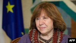 Belarusian writer Svetlana Alexievich visits the Ukrainian Embassy in Minsk in November 2014.