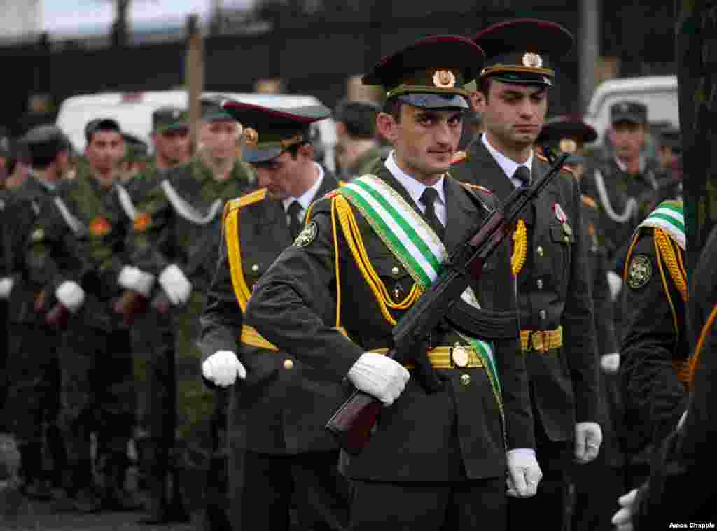 Alkhaz Kurkunava, a sergeant in the Abkhazian army, takes part in a parade celebrating 21 years of de facto independence from Georgia.