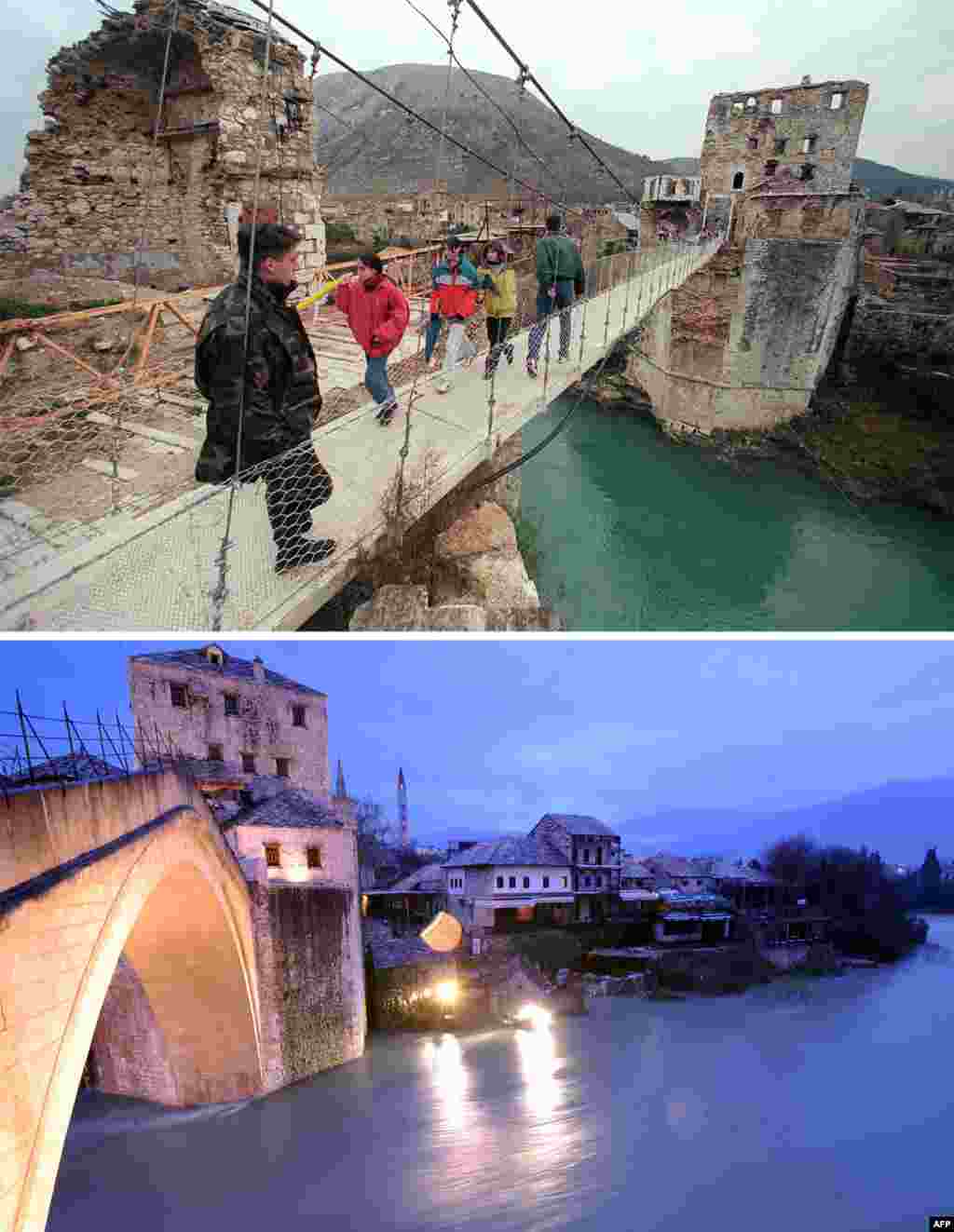 A Bosnian soldier stands on a hanging footbridge that replaced the destroyed Old Bridge. Below, a view of the reconstructed bridge