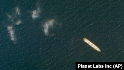 A satellite photo shows the Iranian cargo ship Iran Saviz or MV Saviz in the Red Sea off the coast of Yemen on October 1, 2020.