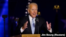 Joe Biden speaks to supporters after the media announced that he had won the U.S. presidential election over Donald Trump, in Wilmington, Delaware, on November 7.