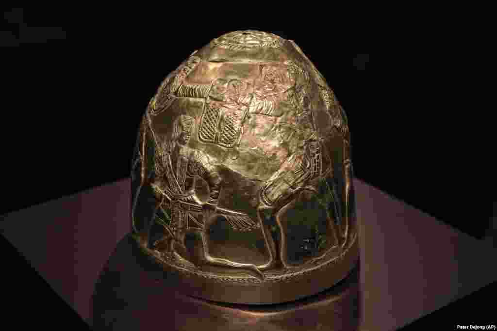 A gold helmet from the fourth century B.C.&nbsp;