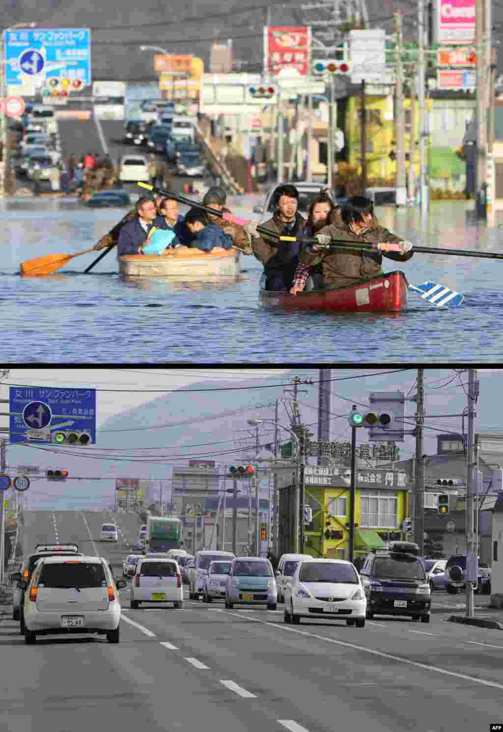 On top, people evacuating with small boats down a road flooded by the tsunami in the city of Ishinomaki in Miyagi Prefecture on March 12, 2011, and below, the same area on January 13, 2012