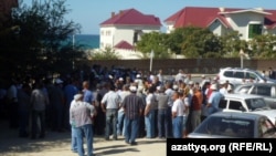 Some of the striking Kazakh oil workers who were dismissed gathered for a protest in Aktau on September 1.