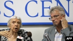 Activists Lyudmila Alekseyeva (left) and Eduard Limonov at a press conference in Moscow in August