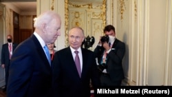 U.S. President Joe Biden (left) and his and Russian counterpart, Vladimir Putin, meet in Geneva on June 16.