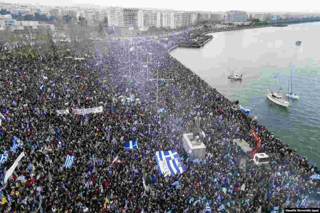 A crowd gathers in the northern Greek city of Thessaloniki on January 21 to protest the use of the name &quot;Macedonia&quot; by Greece&#39;s northern neighbor. The region of Greece around Thessaloniki is also called Macedonia.