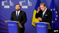 Ukrainian Deputy Prime Minister Serhiy Arbuzov (left) and European Commissioner for Enlargement and European Neighborhood Policy Stefan Fuele appear at a joint press conference in Brussels on December 12.