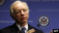 U.S. Senator Joe Lieberman during a visit to Bosnia on February 5