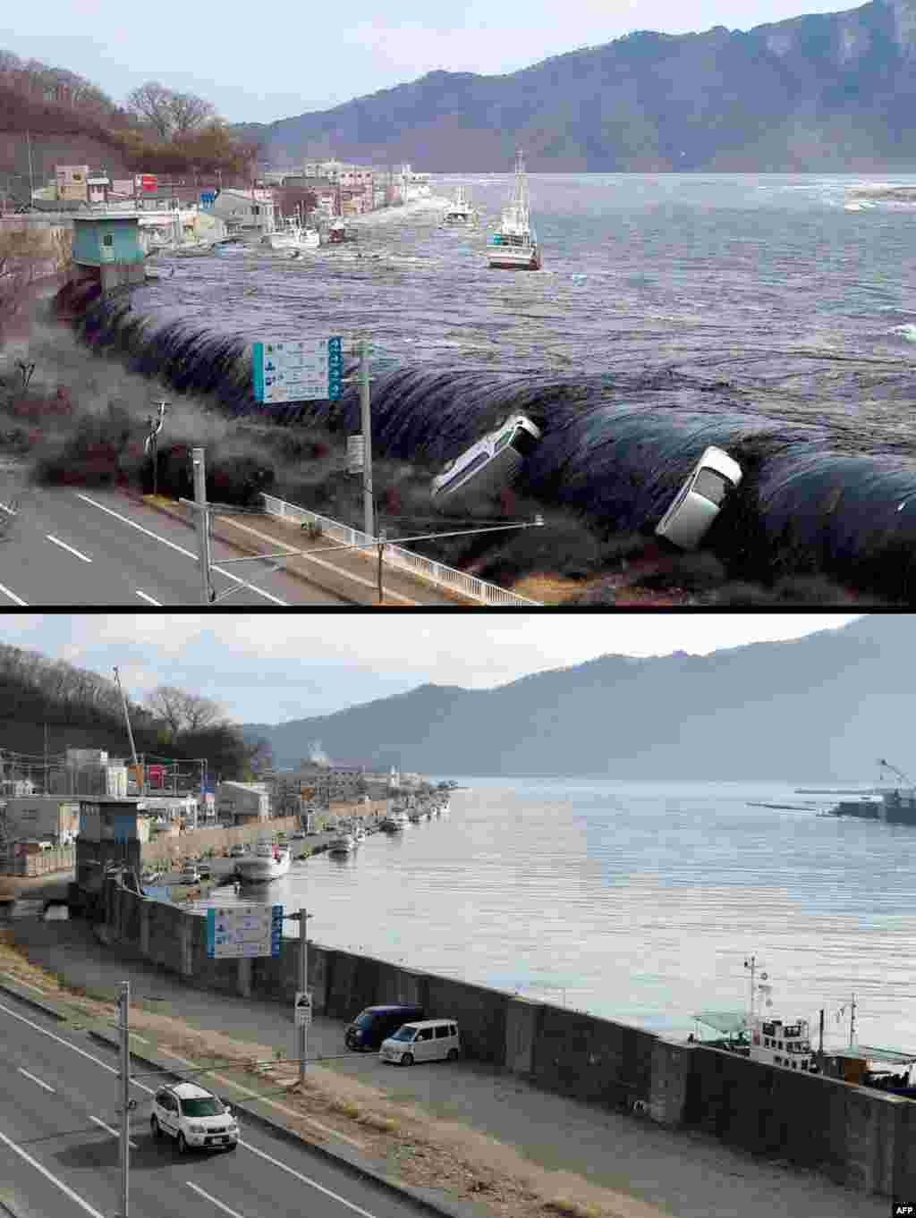 On top, an image taken by a Miyako city official on March 11, 2011, of the tsunami breeching an embankment and flowing into the city of Miyako in Iwate Prefecture, and below, the same area on January 16, 2012