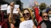 Women gather to demand their rights under Taliban rule during a protest in Kabul on September 3.