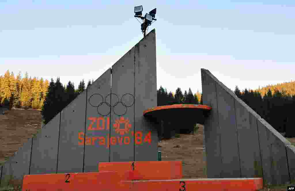 The podium where medals were awarded near the ski jump site on Mount Igman, near Sarajevo