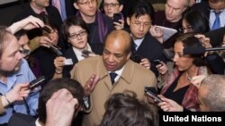 Abdurrahman Mohamed Shalgham, Libya's ambassador to the UN, speaking to reporters after Security Council consultations on the situation in his country on February 22