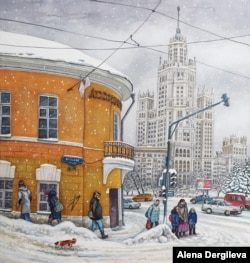 A light snow falls on pedestrians near the Moskva River. The Soviet-era Kotelnicheskaya Embankment Building is in the background.