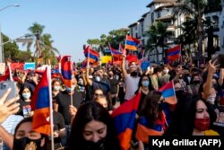 People marched in Los Angeles in support of Armenia and Nagorno-Karabakh on October 11.