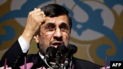 Iranian President Mahmud Ahmadinejad delivers a speech during a rally in Tehran to mark the 34th anniversary of the Islamic Revolution on February 10.