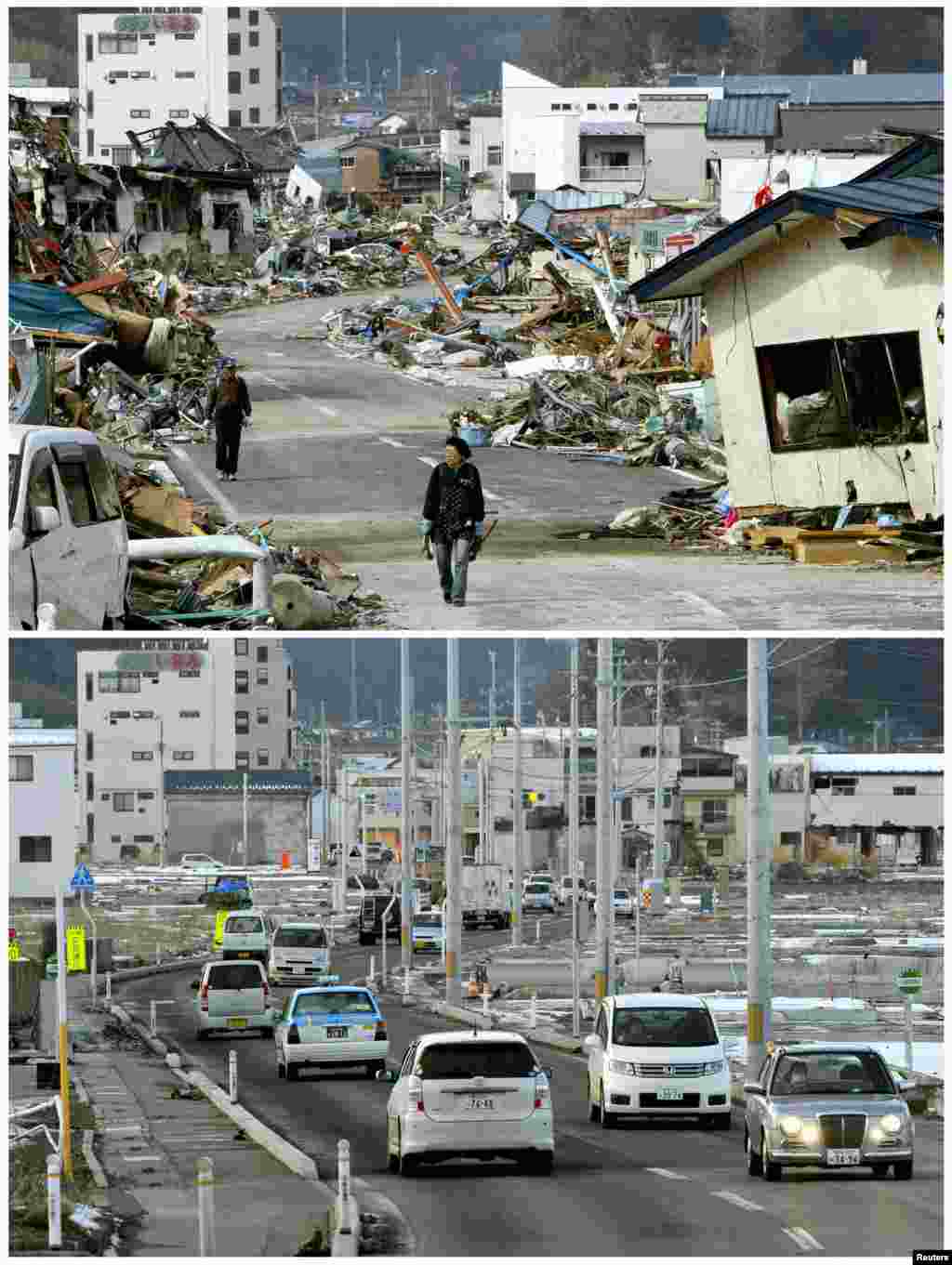 On top, the tsunami-devastated town of Yamada in Iwate Prefecture on March 14, 2011, and below on March 1, 2012