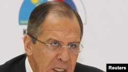 Russian Foreign Minister Sergei Lavrov speaks at a news conference in Almaty on May 13.