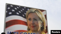 A billboard with a photo of U.S. Secretary of State Hillary Clinton in Pristina, the Kosovar capital