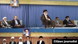 The supreme leader's endorsement of Mahmud Ahmadinejad as president, 2009 (top) and 2005, with former Presidents Rafsanjani and Mohammad Khatami in attendance.