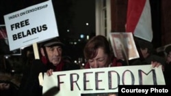 Irena Bohdanova, sister of detained Belarusian opposition presidential candidate Andrey Sannikau, protested outside the Belarus Embassy in London on December 21.