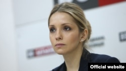 Yevhenia Tymoshenko at a press conference in Kyiv in April