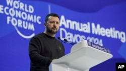 Ukrainian President Volodymyr Zelenskiy speaks at the World Economic Forum in Davos, Switzerland, on January 16.