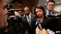 U.S. Secretary of State Condoleezza Rice speaks to reporters after the meeting.