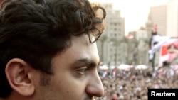 Wael Ghonim addresses the crowd on Tahrir Square on February 8.