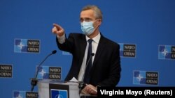 NATO Secretary-General Jens Stoltenberg attends a news conference following the alliance's defence ministers meeting in video format, at the headquarters in Brussels on February 18.