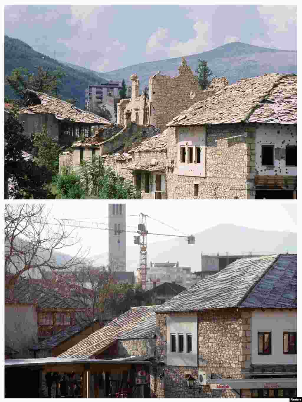 Damaged roofs in the old part of Mostar in June 1993, and the same location in February 2013.