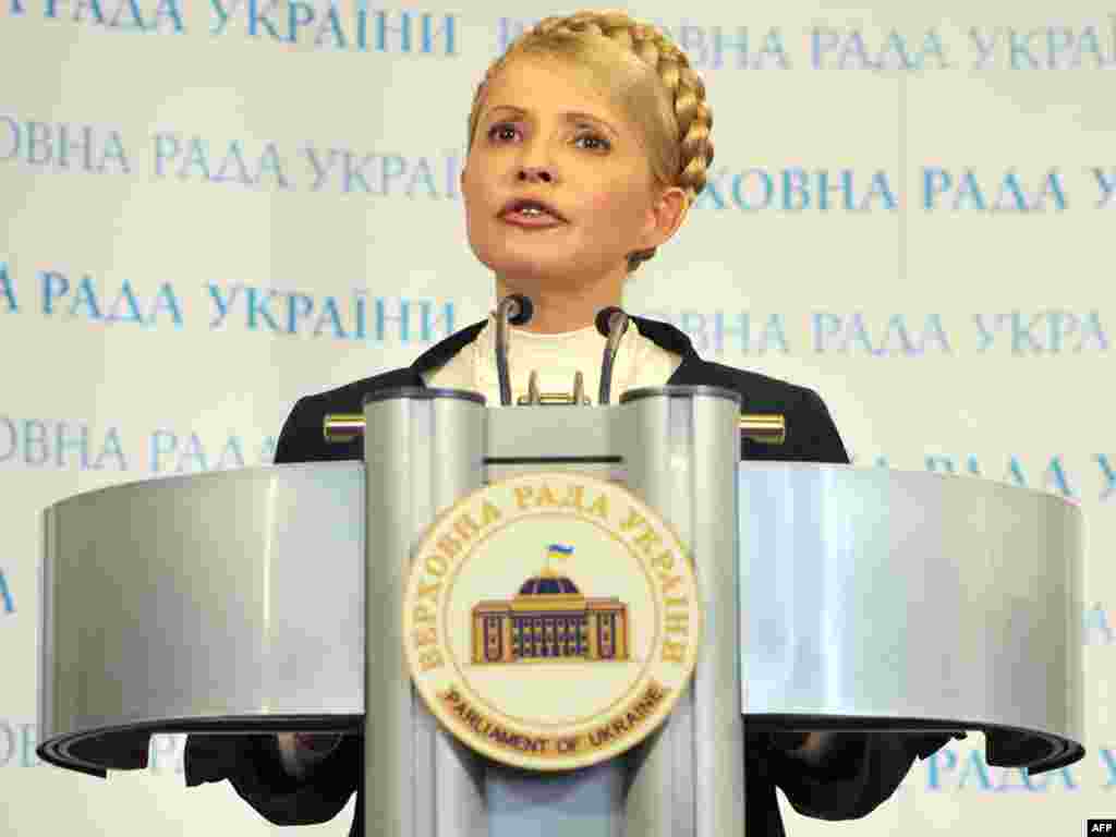 Yulia Tymoshenko, as a leader of the political opposition, speaks with journalists at the parliament building in Kyiv in May 2010.