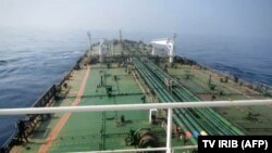 A picture released by Iranian state TV IRIB allegedly shows the Iranian crude oil tanker Sabiti sailing in the Red Sea on October 10.