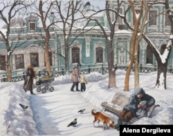 Locals enjoy a sunny winter day on Gruzinskaya Square.