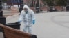 A worker disinfects a public space in Ufa, which only reported its first COVID-19 death on April 7.