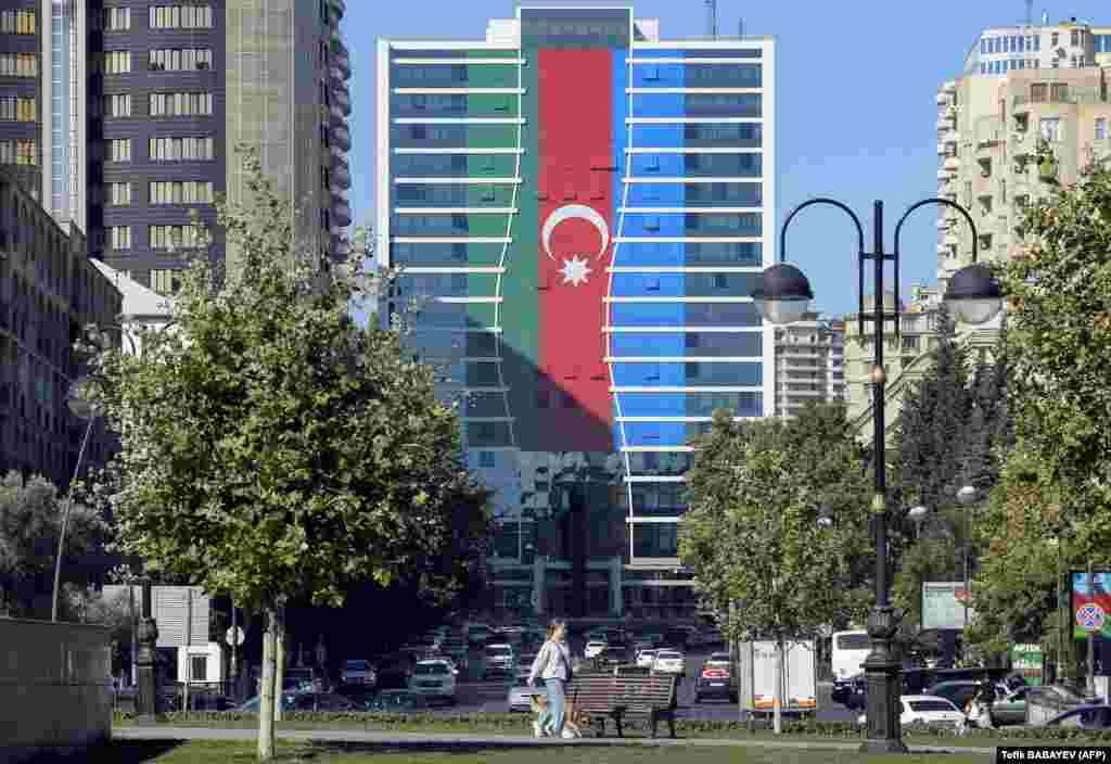 A Baku building is seen painted with the Azerbaijan flag on October 13.&nbsp;