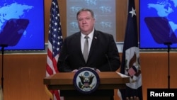 U.S. Secretary of State Mike Pompeo takes questions during a news conference at the State Department in Washington on July 8.