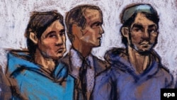 A courtroom sketch shows Akhror Saidakhmetov (left), 19, of Kazakhstan and Abdurasul Hasanovich Juraboev (right), 24, of Uzbekistan, and court interpreter Akhror Saidakmetov appear in the Federal District Courthouse in New York in February 2015.