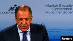 Russian Foreign Minister Sergei Lavrov addresses the 51st Munich Security Conference in Munich on February 7.