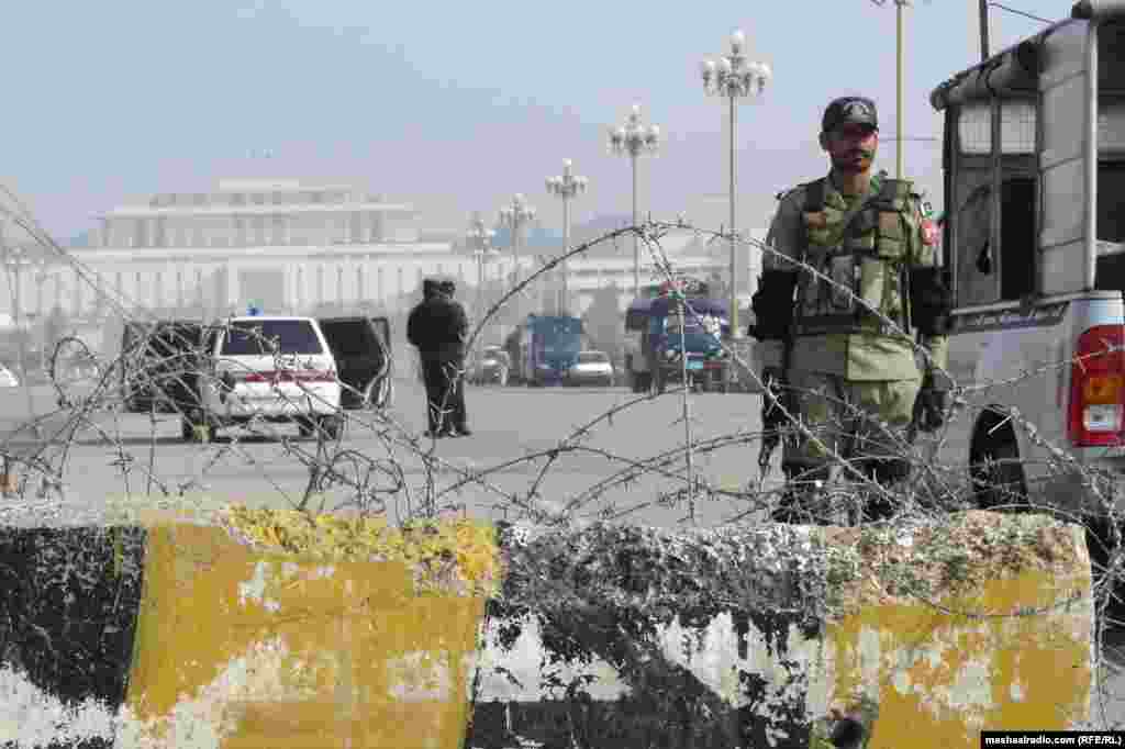 Barbed wire is in place in the capital, Islamabad, to block off some roads. 